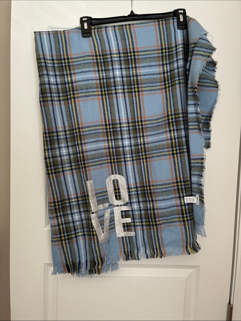 aerie Blue Plaid scarf/blanket with Silver 'LOVE' Appliqué